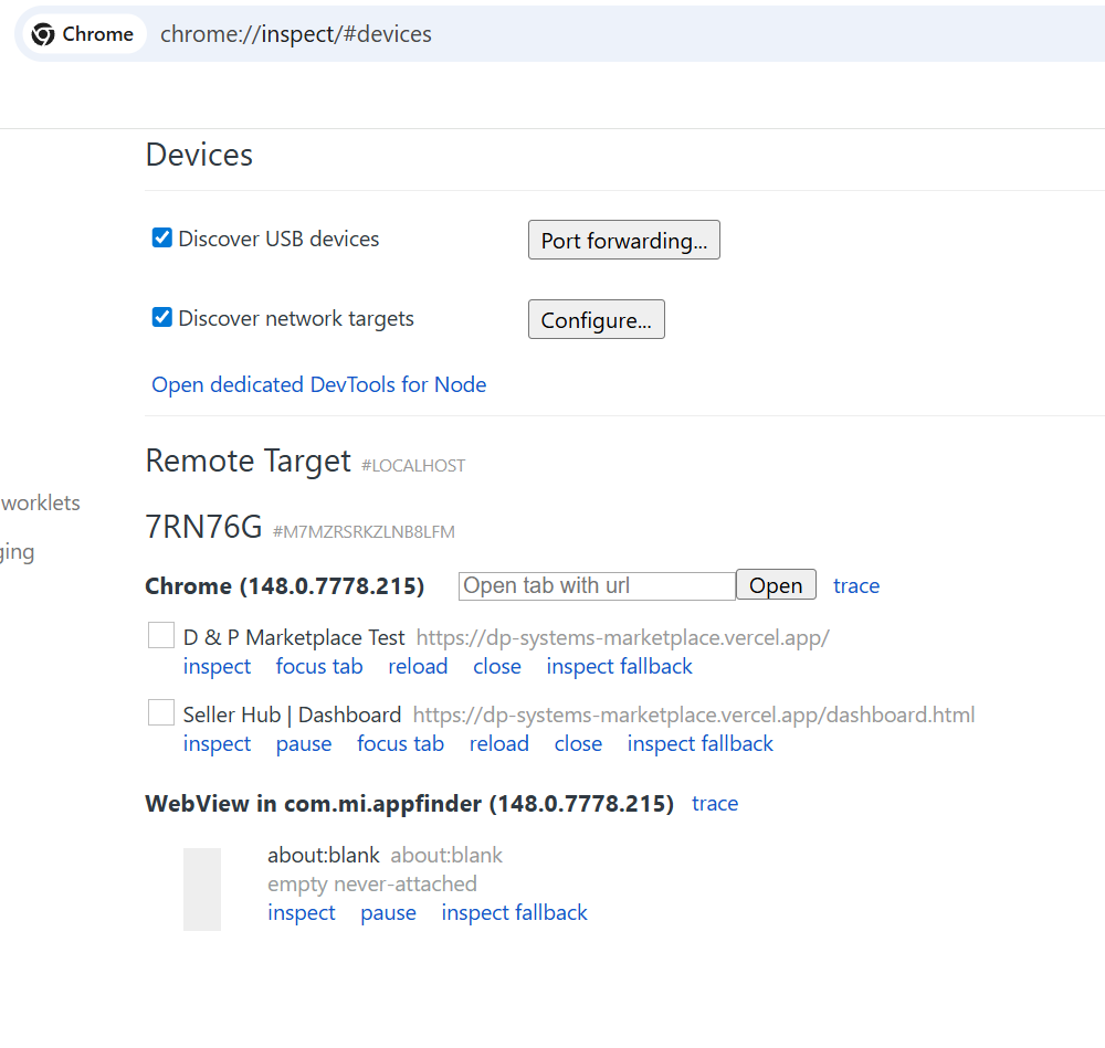 Chrome remote debugging page showing Android device tabs available through chrome inspect