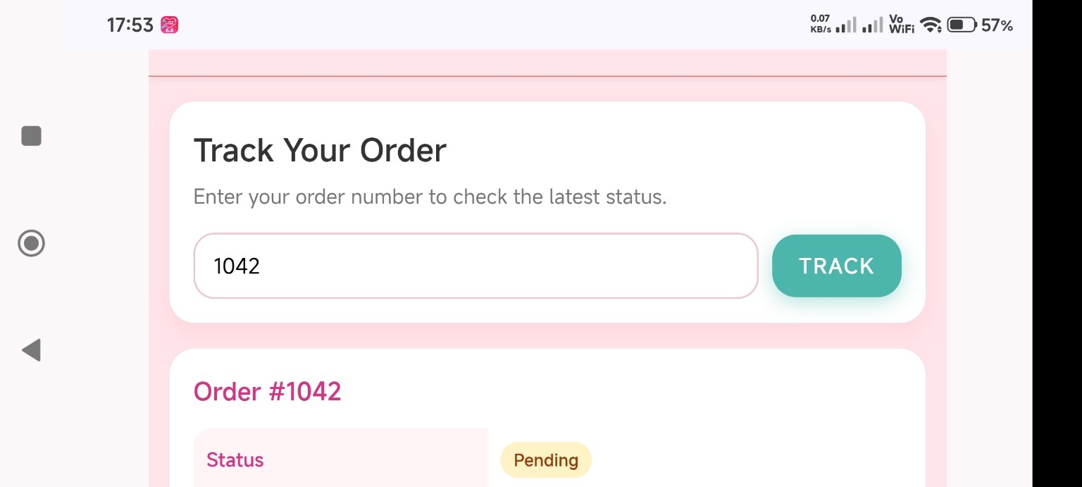 Android Chrome landscape test showing the order tracking page and order result