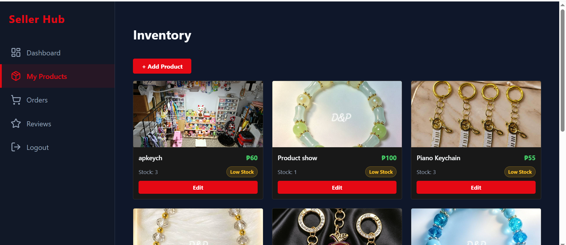 Seller Hub inventory dashboard showing product cards, stock counts, low-stock badges, and edit buttons