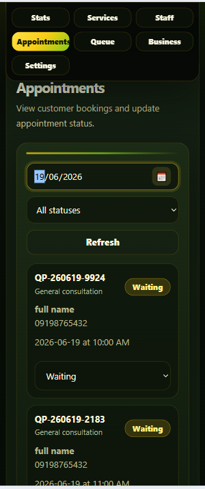 QueuePoint appointments module showing filters and appointment cards