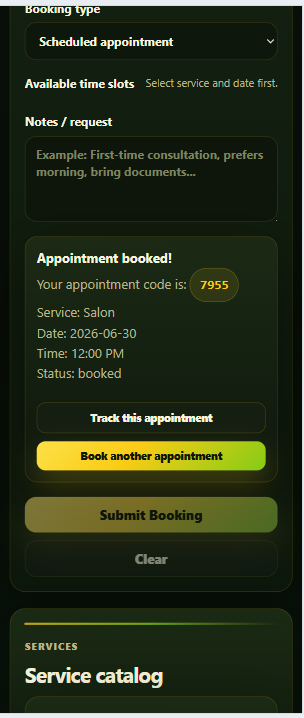QueuePoint successful booking card with appointment code and tracking action