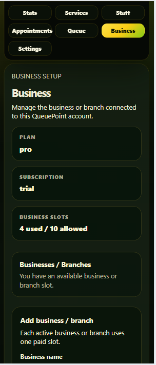 QueuePoint business and branch module with plan, subscription, and slot status