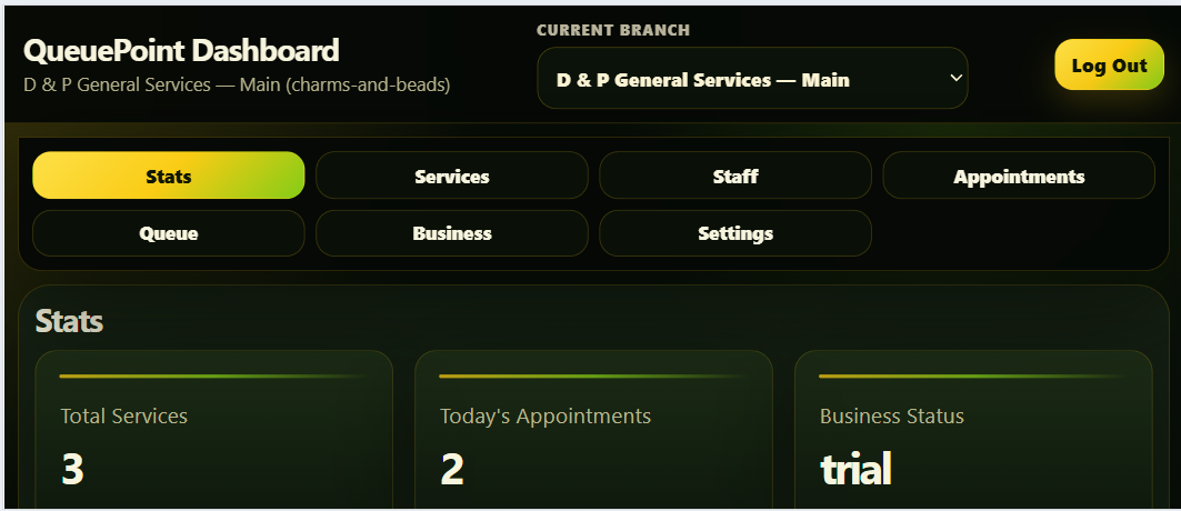 QueuePoint dashboard preview with branch selector