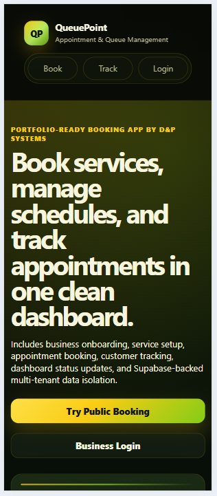 QueuePoint public landing page with booking, tracking, and login navigation