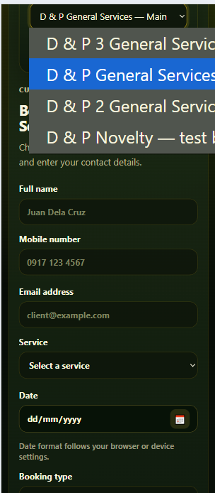 QueuePoint public booking page with location picker