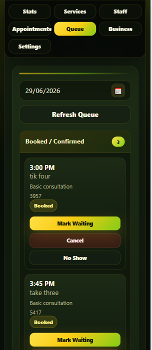 QueuePoint queue board with booked, waiting, serving, and closed columns