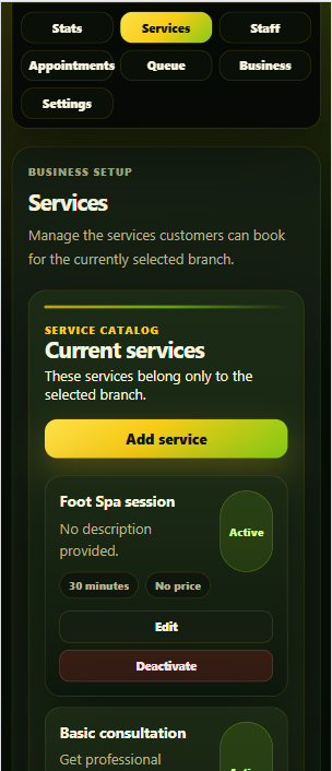 QueuePoint services module showing branch-specific service cards