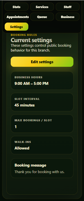 QueuePoint settings module showing branch booking settings