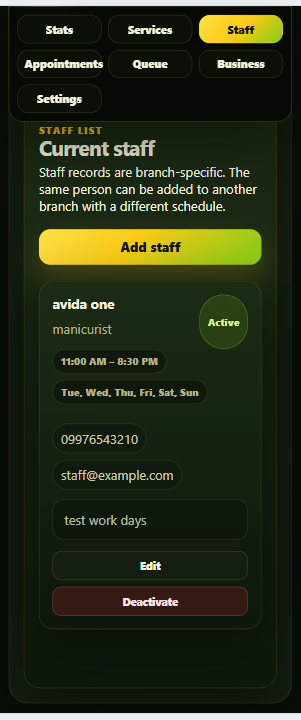 QueuePoint staff module showing staff records and schedule details