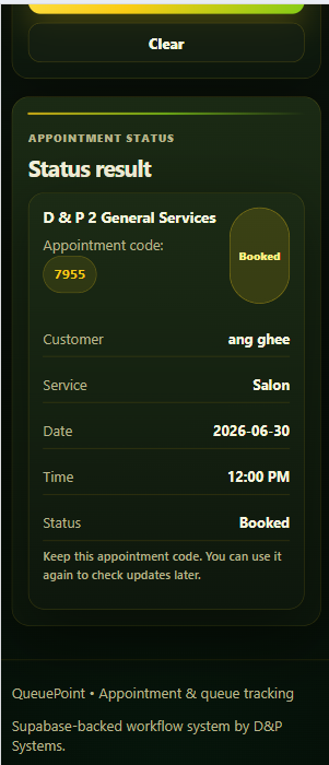 QueuePoint appointment tracking result showing customer, service, date, time, and status