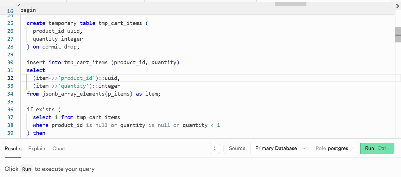 Supabase backend screenshot showing SQL logic
